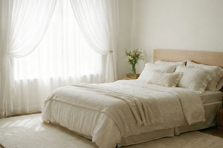 Quarto com cortina branca e decora&ccedil;&atilde;o cottagecore