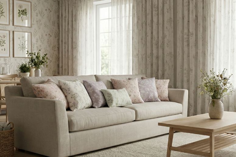 Sala com almofadas florais e decora&ccedil;&atilde;o cottagecore