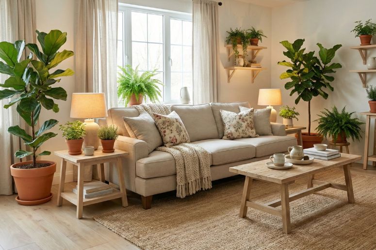 Sala cottagecore com plantas na decora&ccedil;&atilde;o