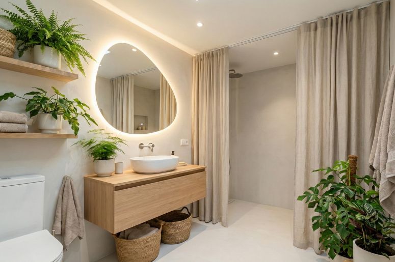 Banheiro com espelho com led e decora&ccedil;&atilde;o cottagecore