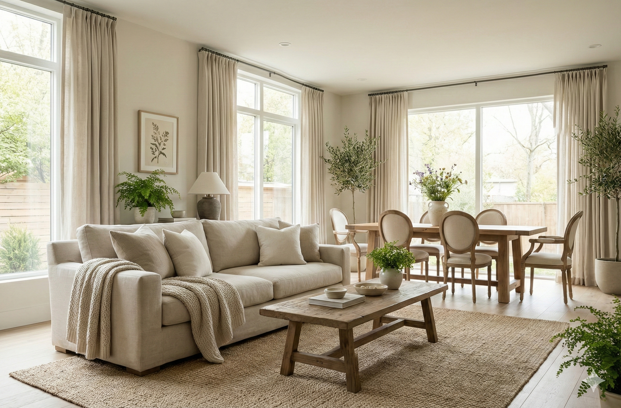 Sala de estar e sala de jantar com decora&ccedil;&atilde;o cottagecore