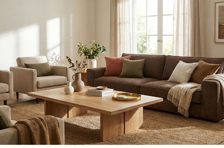 Sala de estar com sof&aacute; e decora&ccedil;&atilde;o em tons de marrom