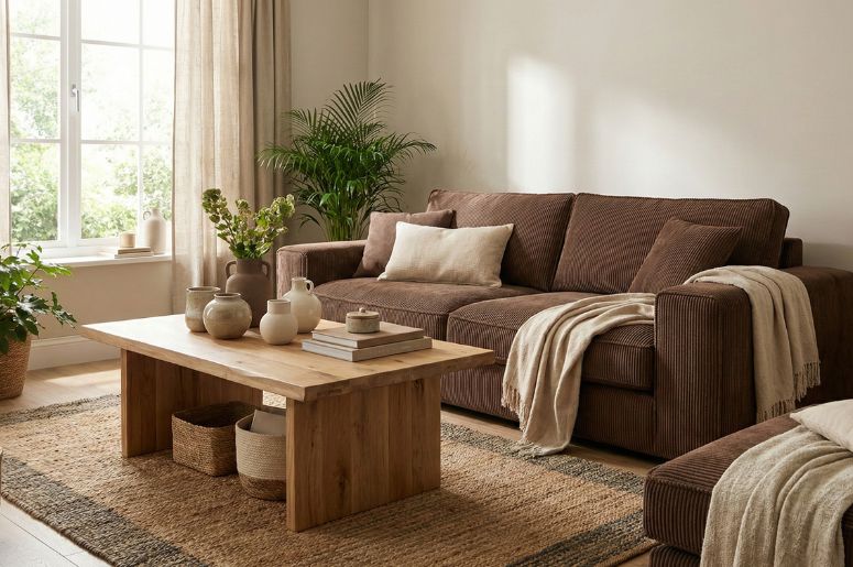 Sala com sofá marrom e decoração off-white