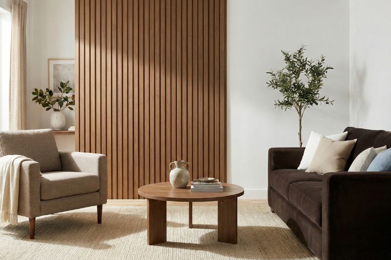 Sala com sofá marrom e poltorna off-white