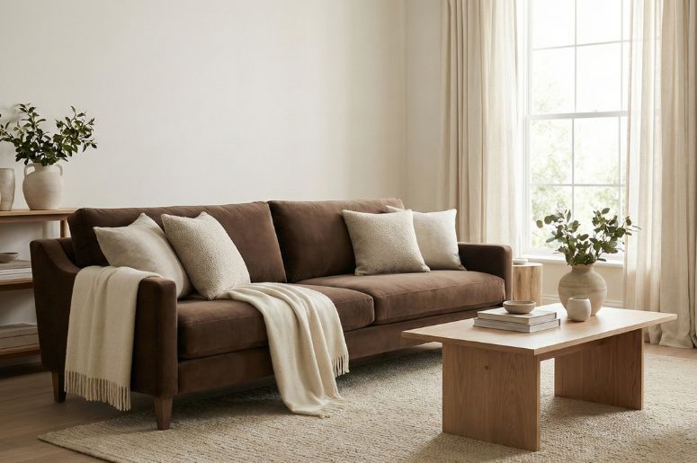 Sala combinando tons de morrom e cores neutras