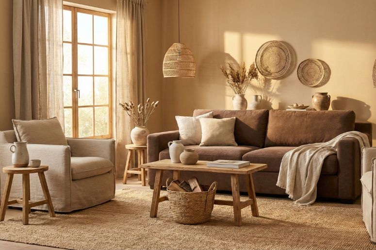 Sala com sofá marrom e decoração bege