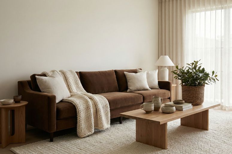 Sala com sofá marrom e decoração off-white