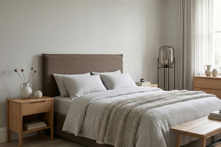 Quarto com móveis na cor marrom e decoração cinza