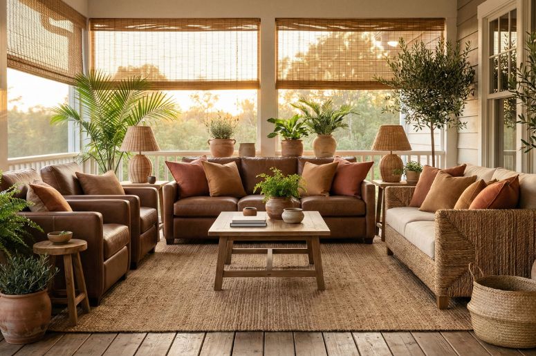 Varando com sofá marrom e decoração em tons terrosos