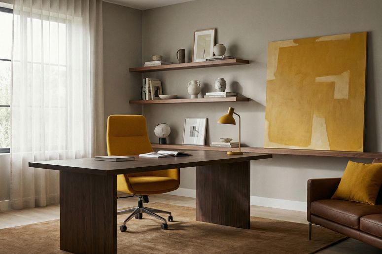 escrit&oacute;rio com m&oacute;veis marrom e decora&ccedil;&atilde;o mostarda