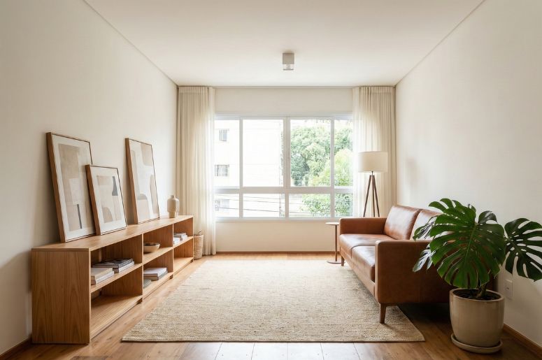 Sala de estar com sofá marrom