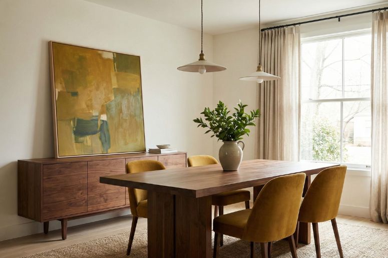 Sala de jantar nas cores marrom e mostarda