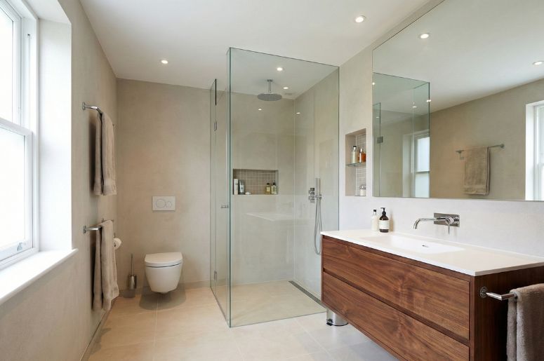 Banheiro moderno com gabinete marrom