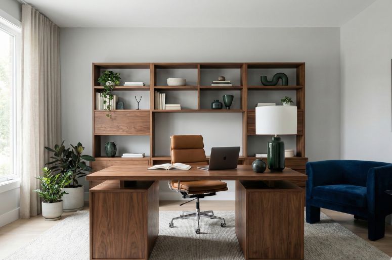 Escritório com móveis marrom