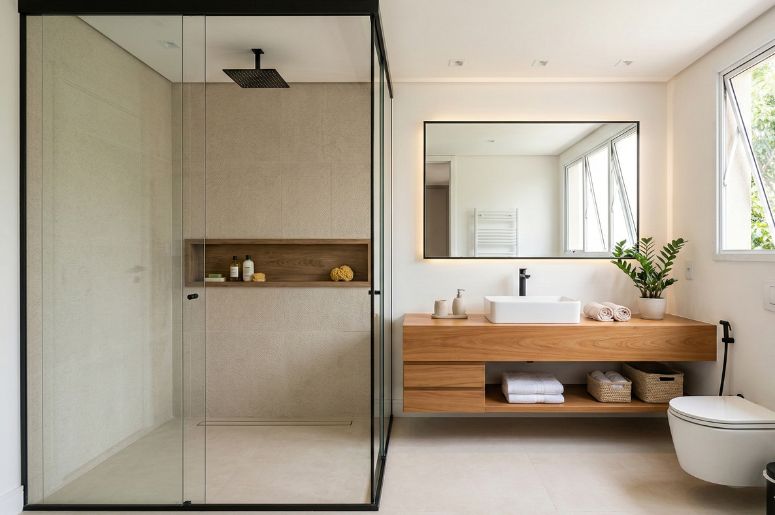 Banheiro moderno com box preto e vidro transparente