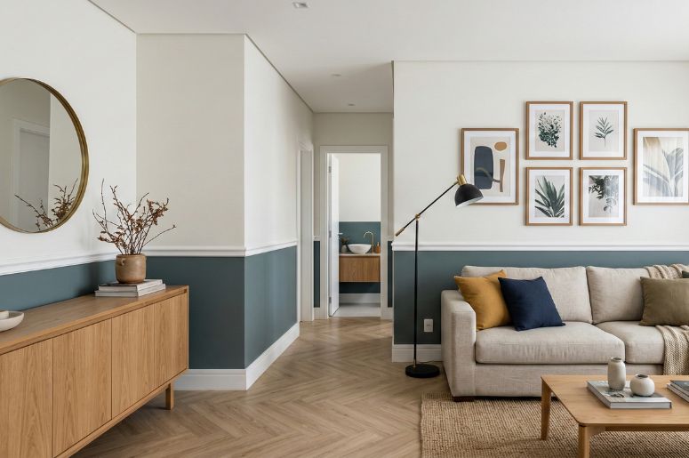 Sala de estar decorada com rodameio branco