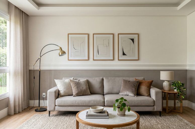 Sala de estar com sof&aacute; e almofadas