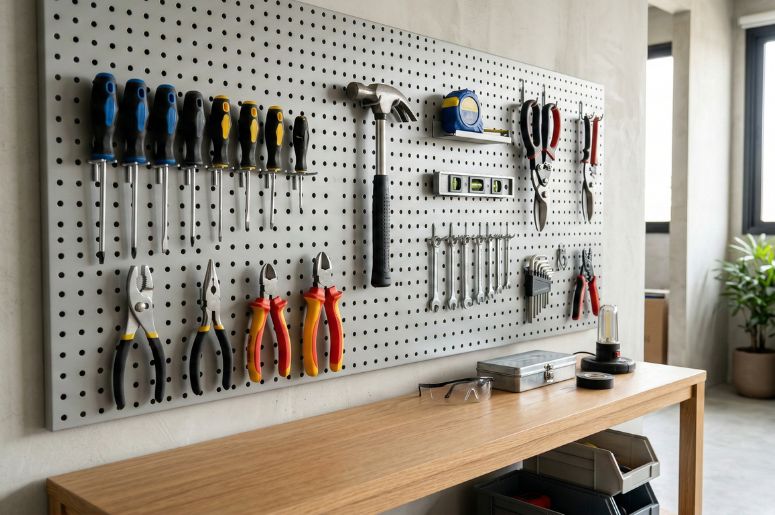 Pain&eacute;l perfurado com ferramentas