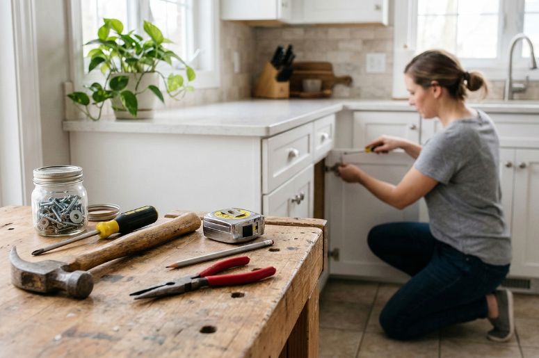 Mulher fazendo pequenos reparos em uma cozinha