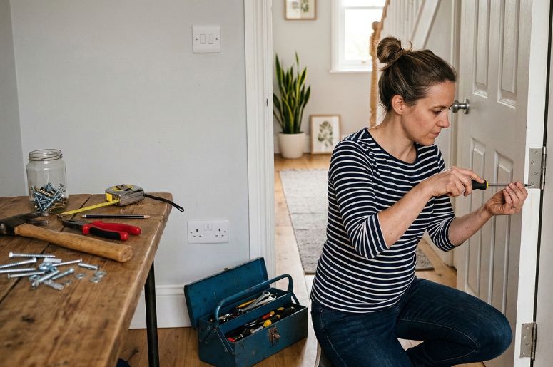 Mulher arrumando porta de casa