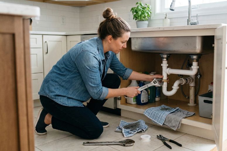 Mulher fazendo reparo em pia da cozinha