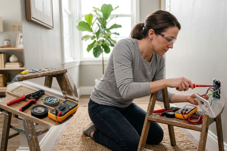 Mulher realizando reparo el&eacute;trico em casa