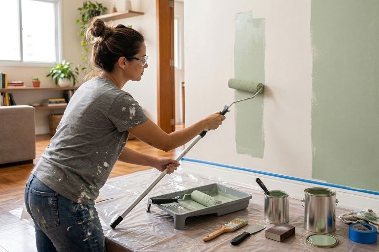 Mulher fazendo pintura de parede em casa