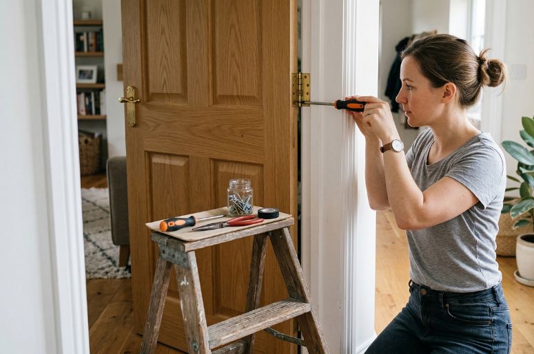 Mulher reparando porta