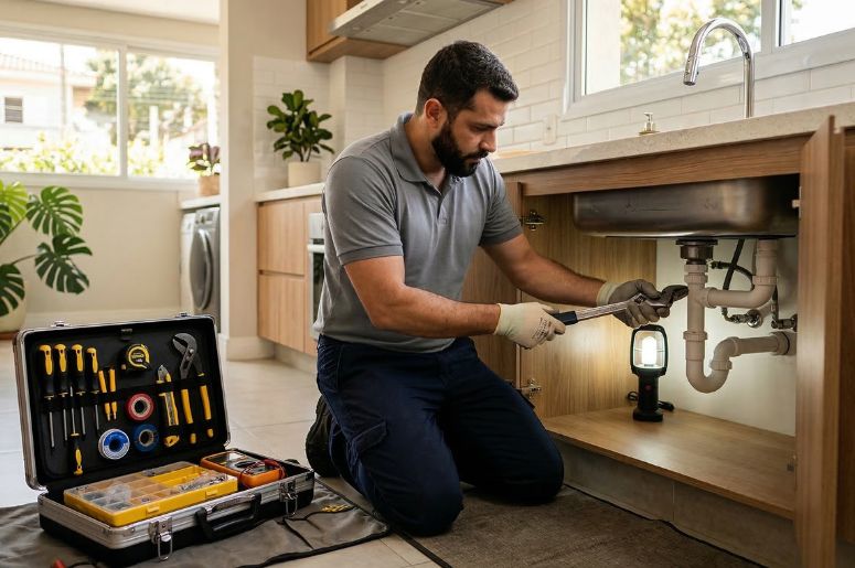 Profissional fazendo reparo em cozinha