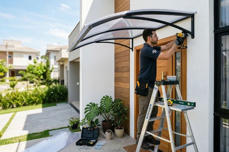 Pessoa instalando toldo