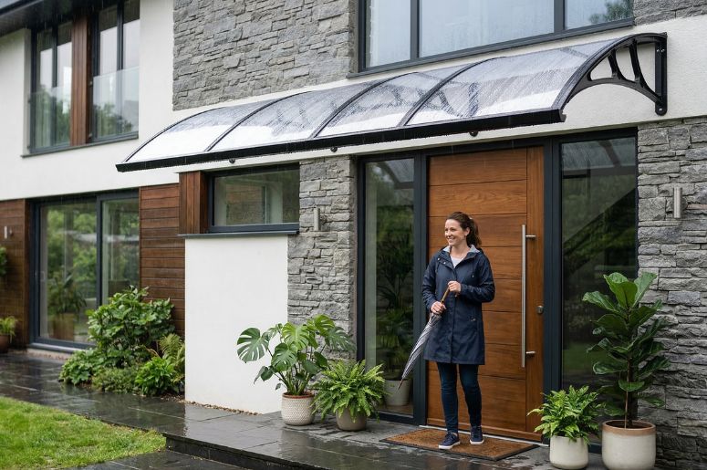 Mulher esperando em toldo de casa