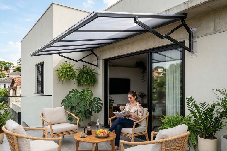 Varando com toldo articulado e mulher tomando café