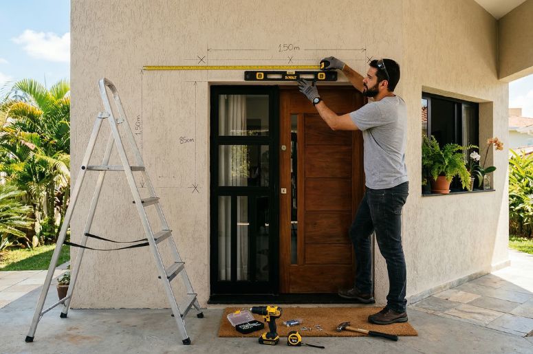 Homem medindo parede para fazer a instalação de toldo