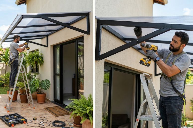 Homem fixando toldo de policarbonato em casa