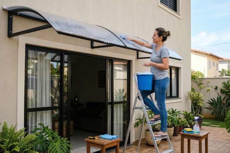 Mulher fazendo a limpeza de um toldo em casa