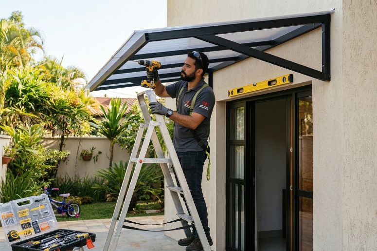 Profissional instalando toldo em casa