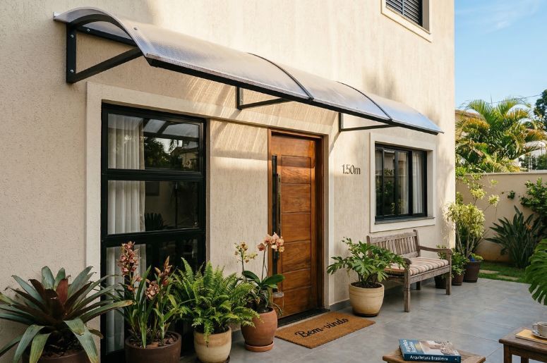 Casa com porta de madeira e toldo de policarbonato
