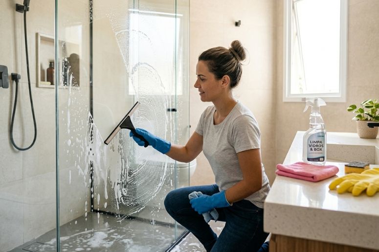 Mulher limpando box do banheiro