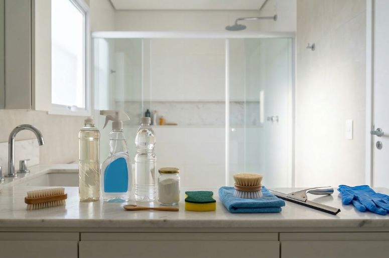 Mesa com todos os materiais necess&aacute;rios para limpar o box do banheiro