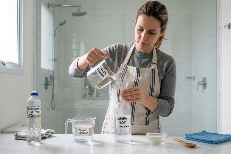 Mulher preparando solu&ccedil;&atilde;o para limpeza do box