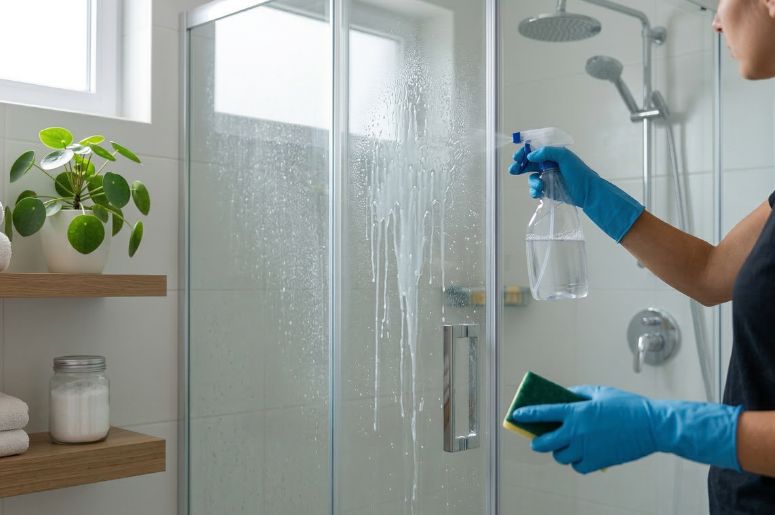 Pessoa aplicando mistura para limpeza no box