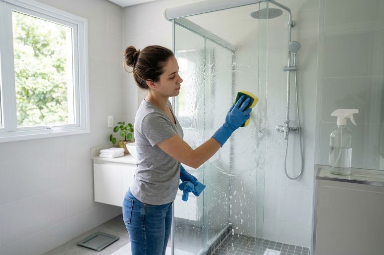 Mulher esfregando mistura que estava no box