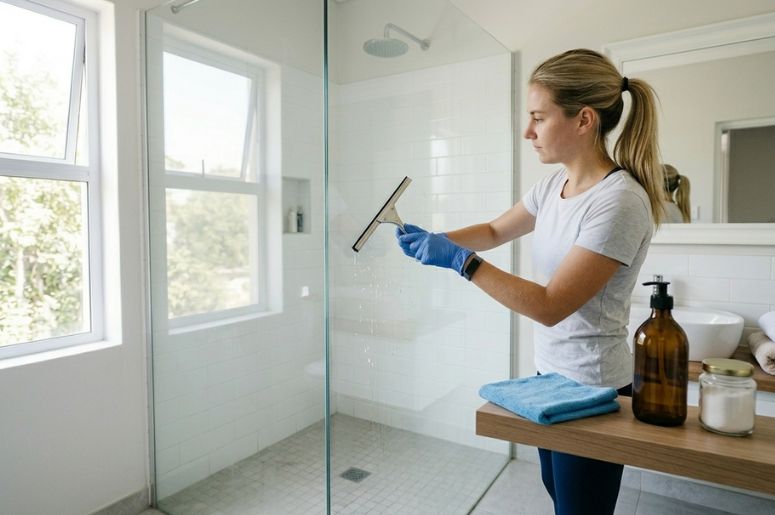 Mulher loira com luva azul mantendo o box limpo