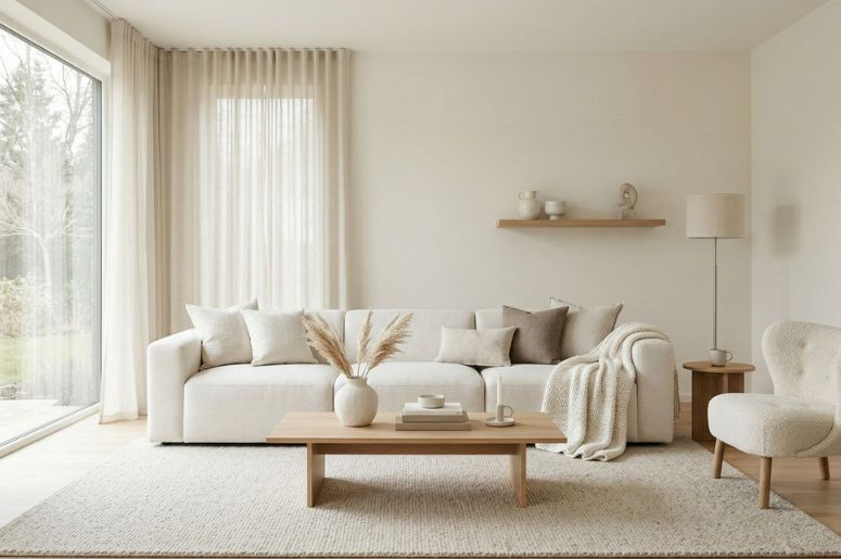 Sala com m&oacute;veis off-white e decora&ccedil;&atilde;o em madeira