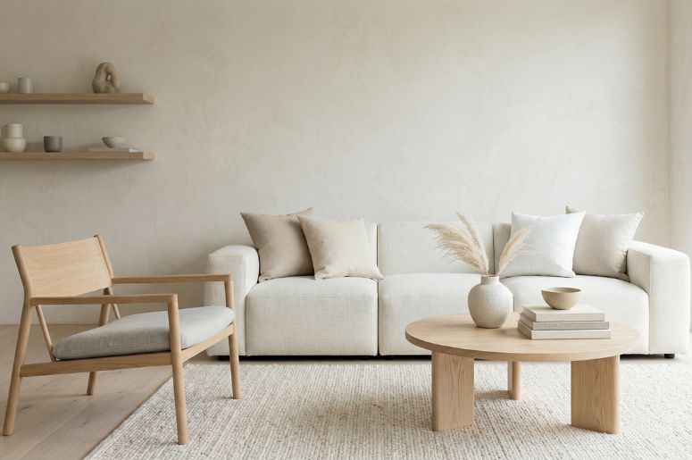 Sala off-white com poltrona e sof&aacute;