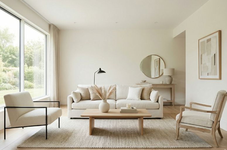 Sala com sof&aacute; e duas poltronas off-white