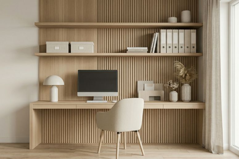 escrit&oacute;rio com decora&ccedil;&atilde;o e cadeira off-white e peinel de madeira