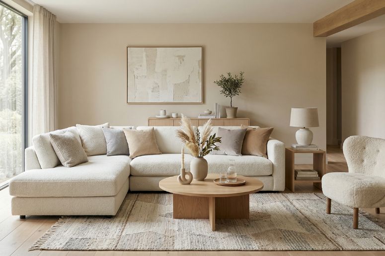 Sala decorada combinando off-white e tons neutros