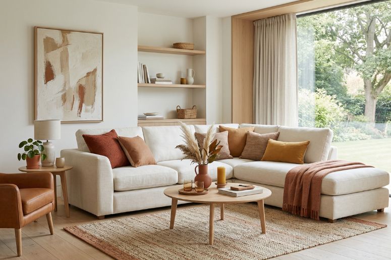 Sala combinando m&oacute;vel off-white com decora&ccedil;&atilde;o em tons terrosos