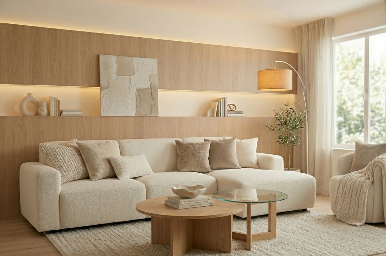 Sala de estar com sof&aacute; off-white